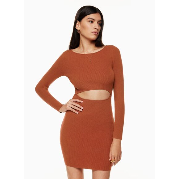 Aritzia WILFRED FREE Olive Cut-Out Rib Knit Long Sleeve Bodycon Dress, Size S - Picture 13 of 16